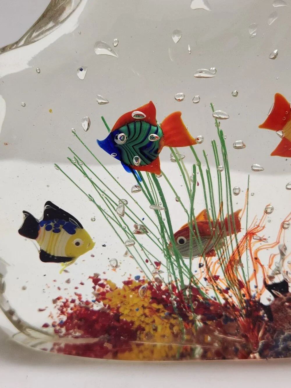 Vintage Signed Murano Glass Aquarium 6-Fish Sculpture Wave Molded Label #7726
